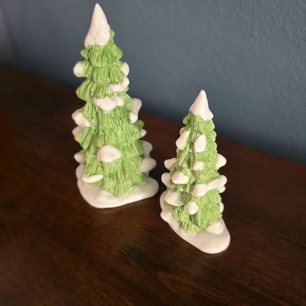 Department 56 Village Ceramic Snowy Evergreen Pine Christmas Tree Lot of 2 VTG
